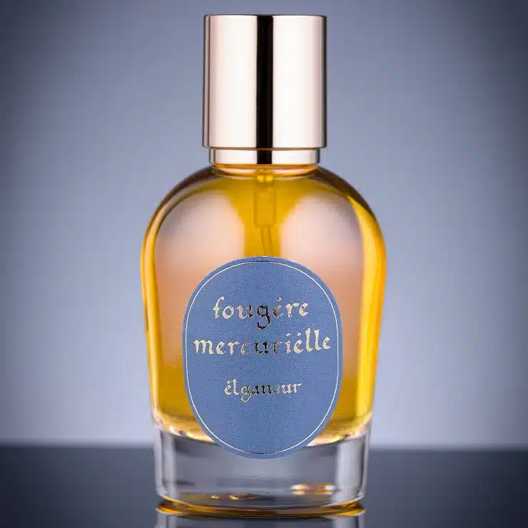 Parfum Fougère mercurielle Elganaur dans son flacon en verre avec étiquette bleue