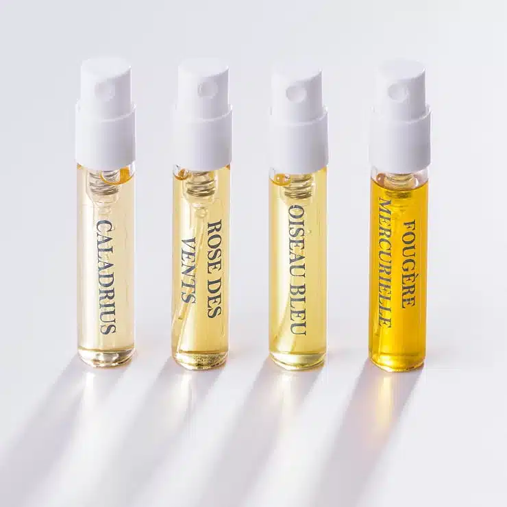 Échantillons de parfums Elganaur Caladrius Rosé des vents Oiseau bleu et Fougère mercurielle