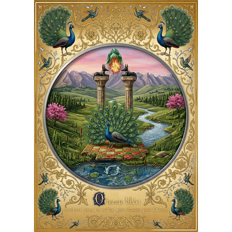Paon aux mille yeux entre colonnes d'Anubis et montagne de feu, illustration parfum Oiseau bleu Elganaur