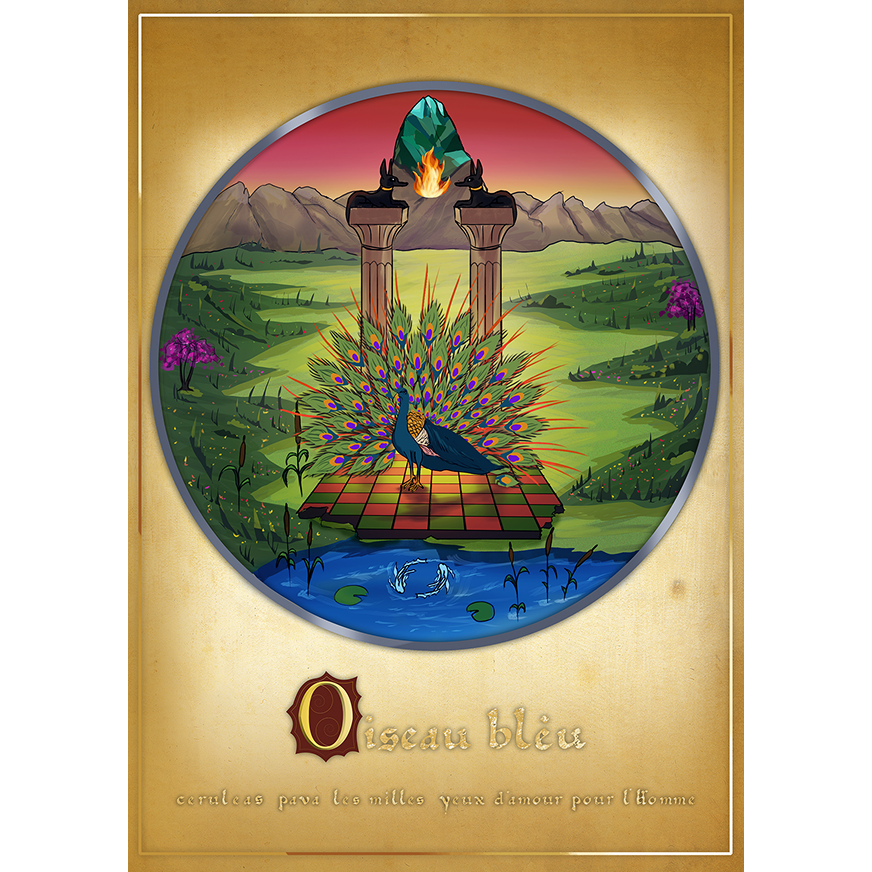 Oiseau Bleu parfum artisanal suisse Elganaur, création botanique inspirée du paon et du monde imaginal.