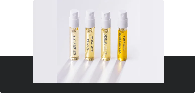 Échantillons de parfums Elganaur Caladrius Rosé des vents Oiseau bleu et Fougère mercurielle