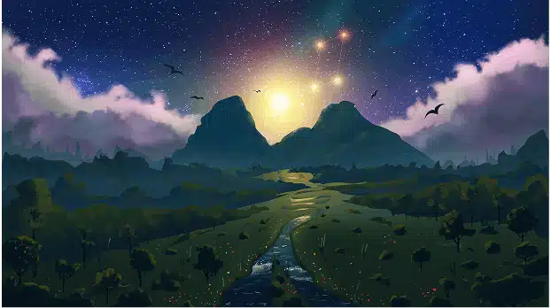 Paysage céleste illustrant le lien entre parfums sacrés, étoiles, spiritualité et traditions anciennes