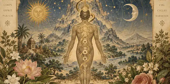 Illustration der Verbindung zwischen heiligem Parfum, menschlichem Körper und Kosmos in den alten Traditionen von Kannauj in Indien
