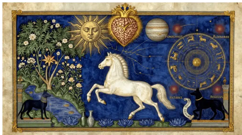 Enluminure symbolique d'un cheval blanc, du cœur limbique et du zodiaque, illustrant le voyage de l'âme dans la tradition du nard antique