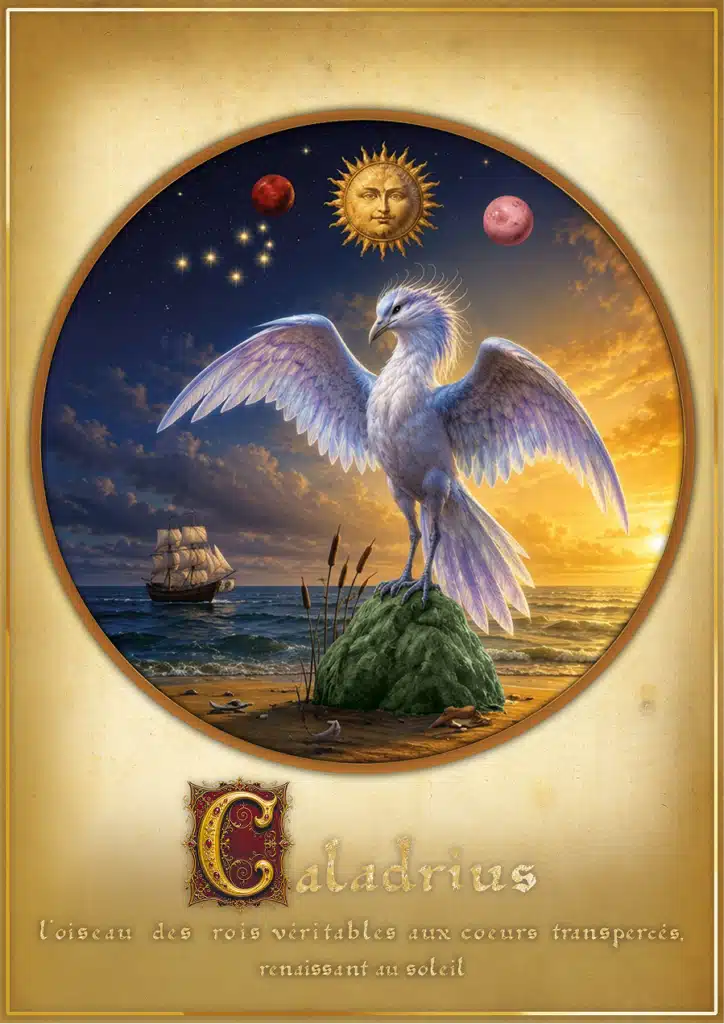 Enluminure du Caladrius représentant l'oiseau des rois entouré des Pléiades, du Soleil, de Mars et de Vénus.