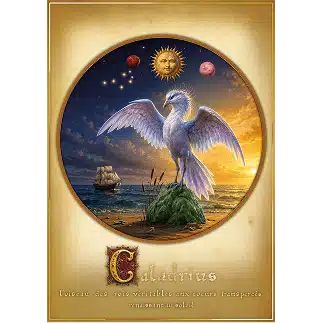 Caladrius, oiseau blanc légendaire guérisseur des rois, illustration parfum Elganaur au coucher du soleil sur l'océan