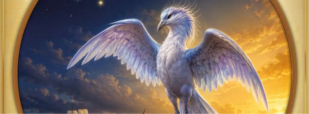 Le Caladrius, oiseau mythique blanc symbole de renaissance et de lumière dans la tradition alchimique.