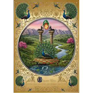 Paon aux mille yeux entre colonnes d'Anubis et montagne de feu, illustration parfum Oiseau bleu Elganaur
