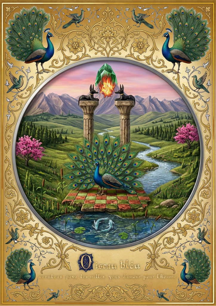 Illustration complète de l'Oiseau bleu du paradis réunissant le Jardin d'Éden, les eaux primordiales, les gardiens et les symboles initiatiques.