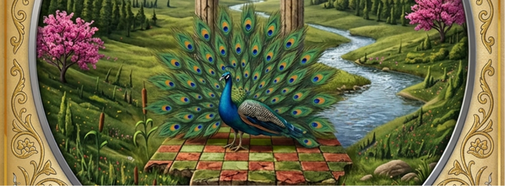 L'Oiseau bleu du paradis déployant son plumage devant la rivière du Jardin d'Éden.