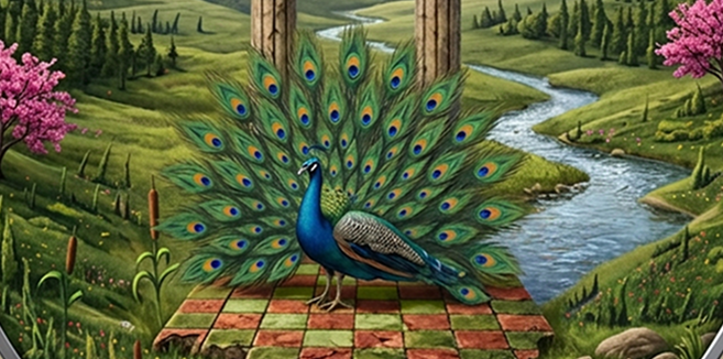 Oiseau bleu du paradis au cœur du Jardin d'Éden, symbole de renaissance et d'harmonie.