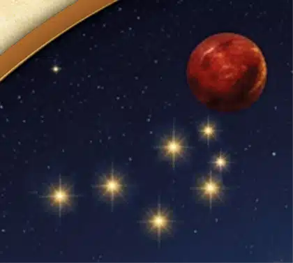 Les Pléiades accompagnées de Mars dans le ciel nocturne du Caladrius.