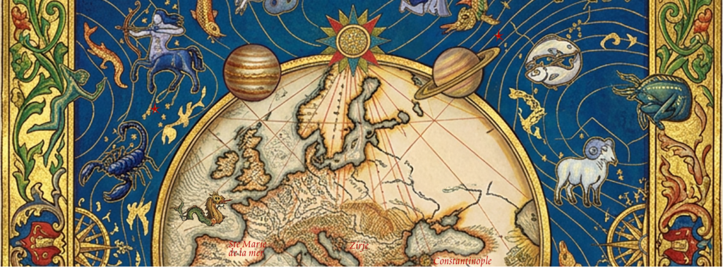 Carte médiévale représentant la rose des vents, les planètes et les constellations.
