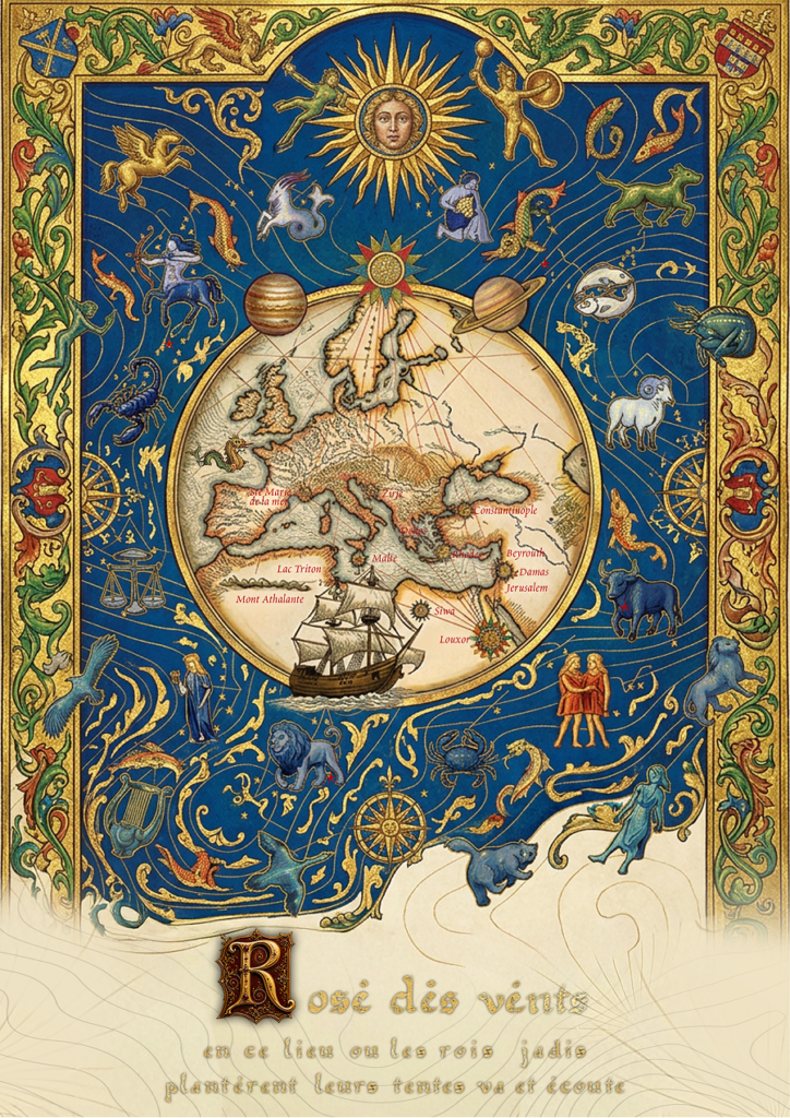 Illustration complète de la rose des vents réunissant la carte du monde, le zodiaque, les constellations et le Léviathan.