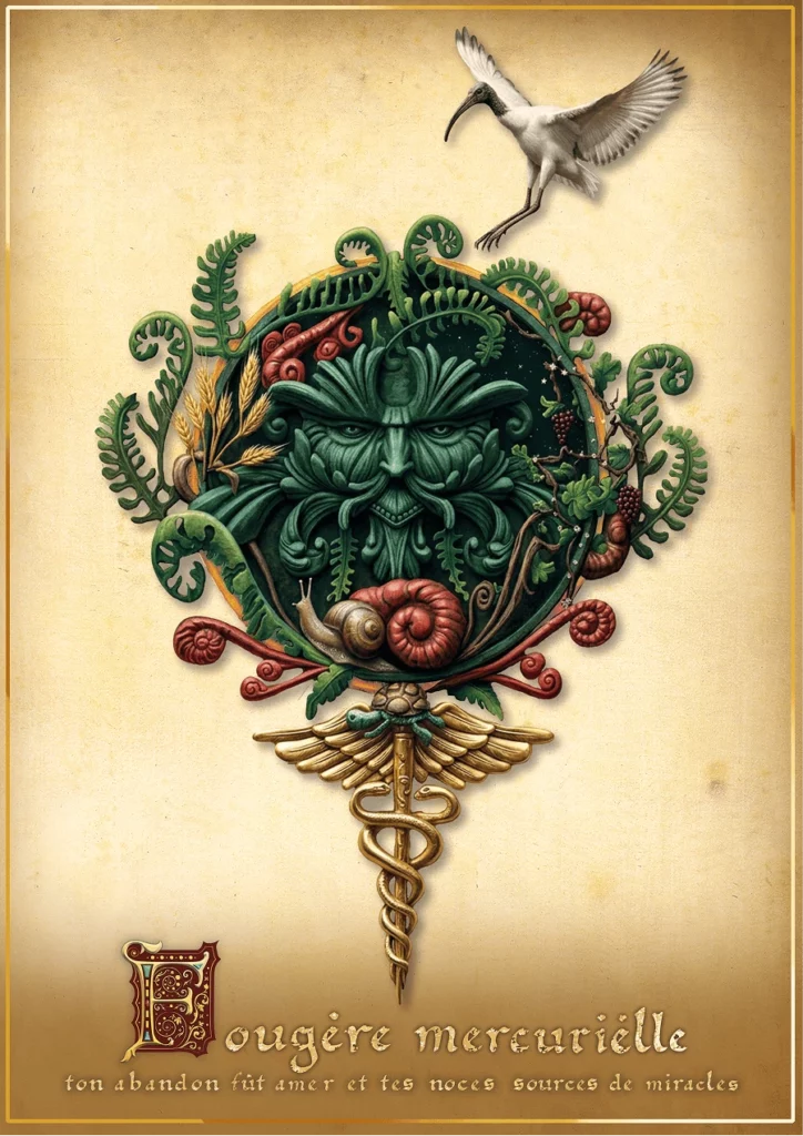 Illustration du Mercure végétal réunissant la fougère, le caducée, la vigne, le blé et les symboles de la transmutation alchimique.