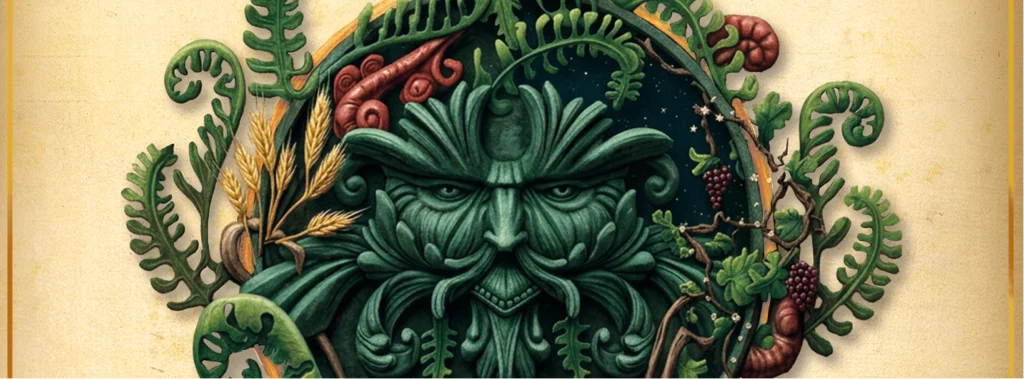 Visage symbolique du Mercure végétal entouré de fougères et de plantes.