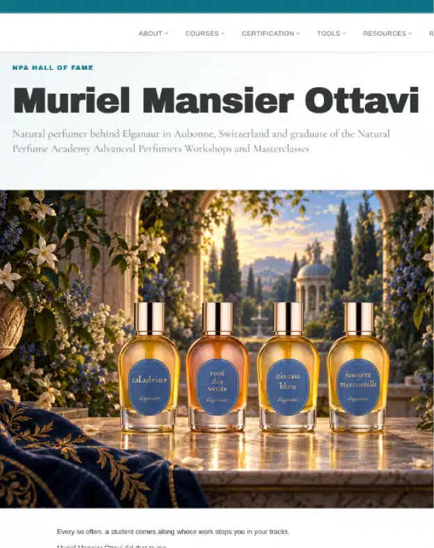 Article Natural Perfume Academy consacré à Muriel Mansier Ottavi et aux parfums botaniques Elganaur